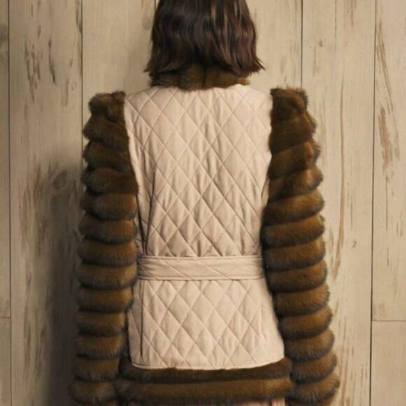 Khaki Casual Women's Quilted Fluffy Coat with Fake Fur - Picture 2 of 9